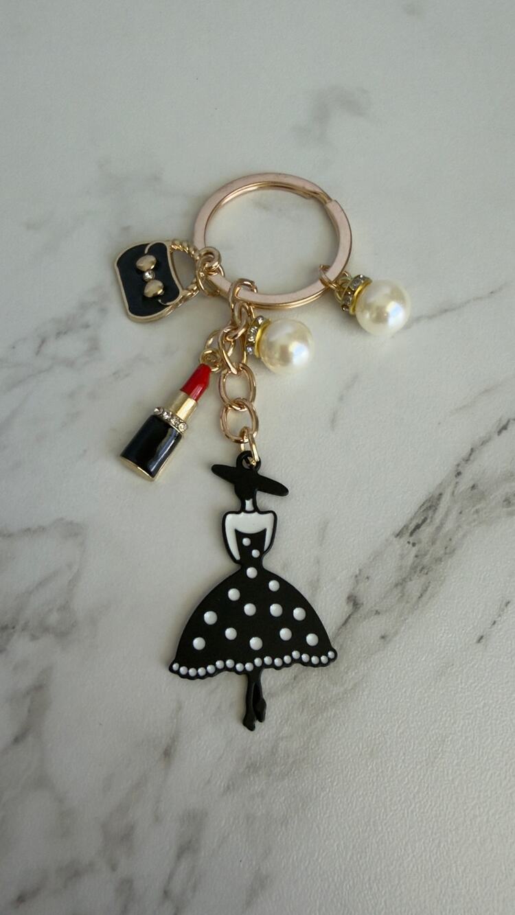 Polka Dot Dress Lipstick Fashion Woman Bag Charm Keychain NEW